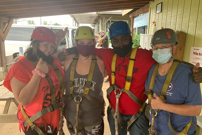 Fontanel Zipline Forest Adventure at Nashville North - Getting geared up: safety harness, quick training, and first nerves