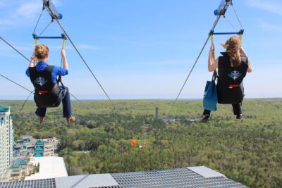 HighFlyer Zipline at Foxwoods - The zipline itself: Fox Tower rooftop, cable height, and the Long Island Sound views